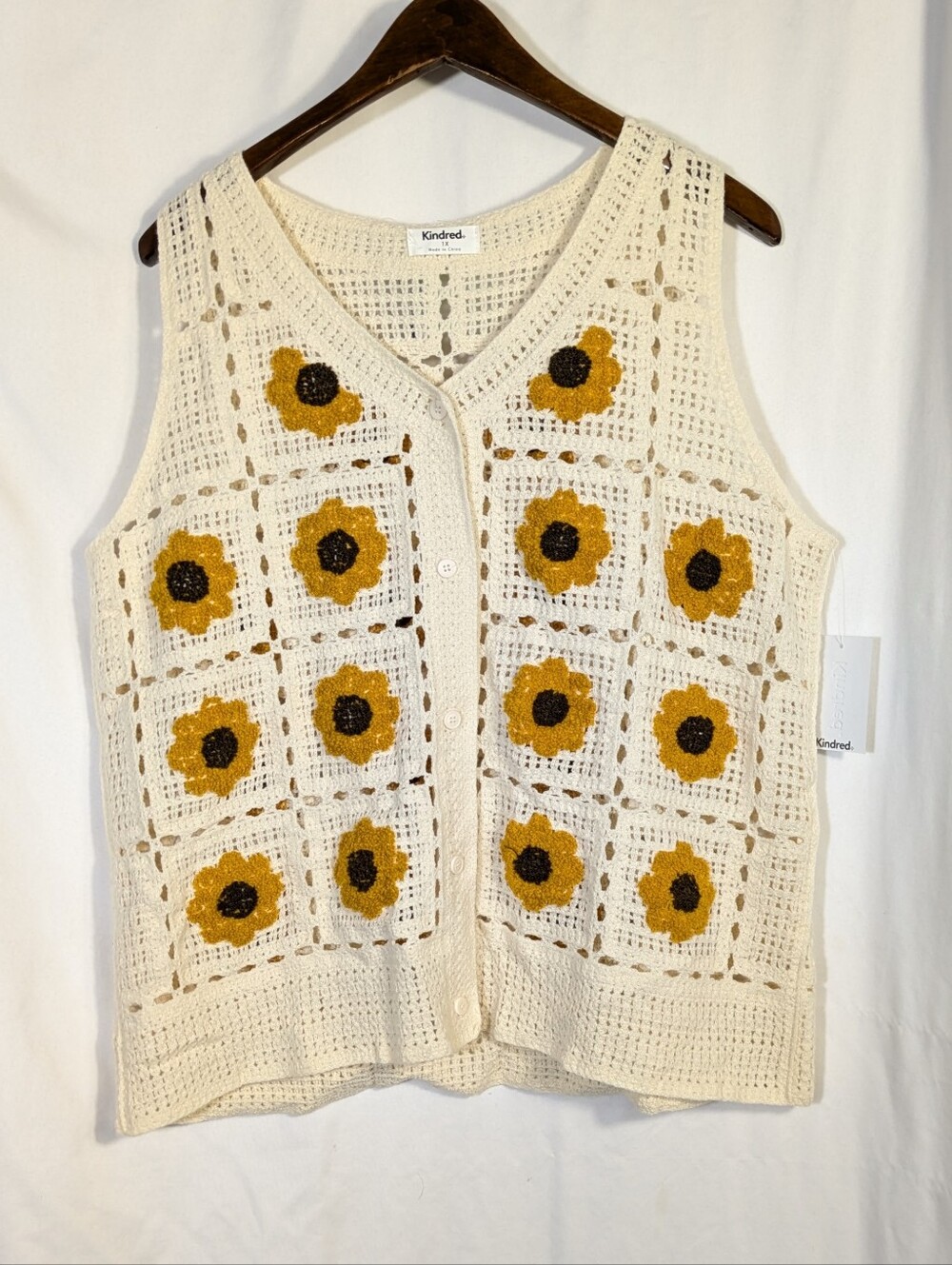 Kindred Women's Crochet Sunflower Vest Country Chic Boho Fall Sz 1X NWOT